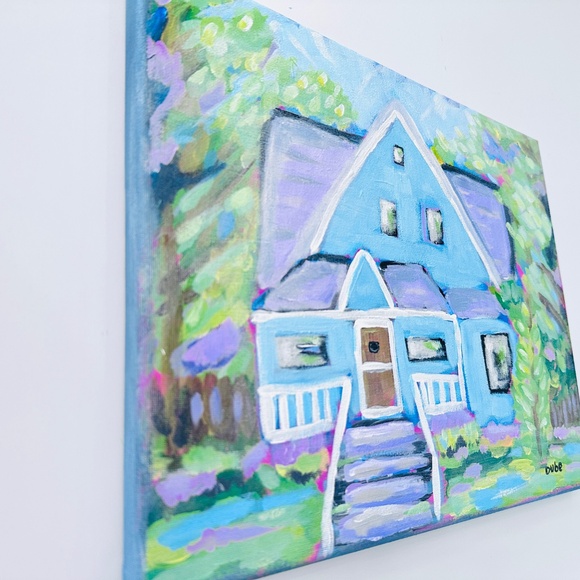 Original Painting Blue House Architectural Landscape Impressionistic OOAK 11x14" - Picture 3 of 9